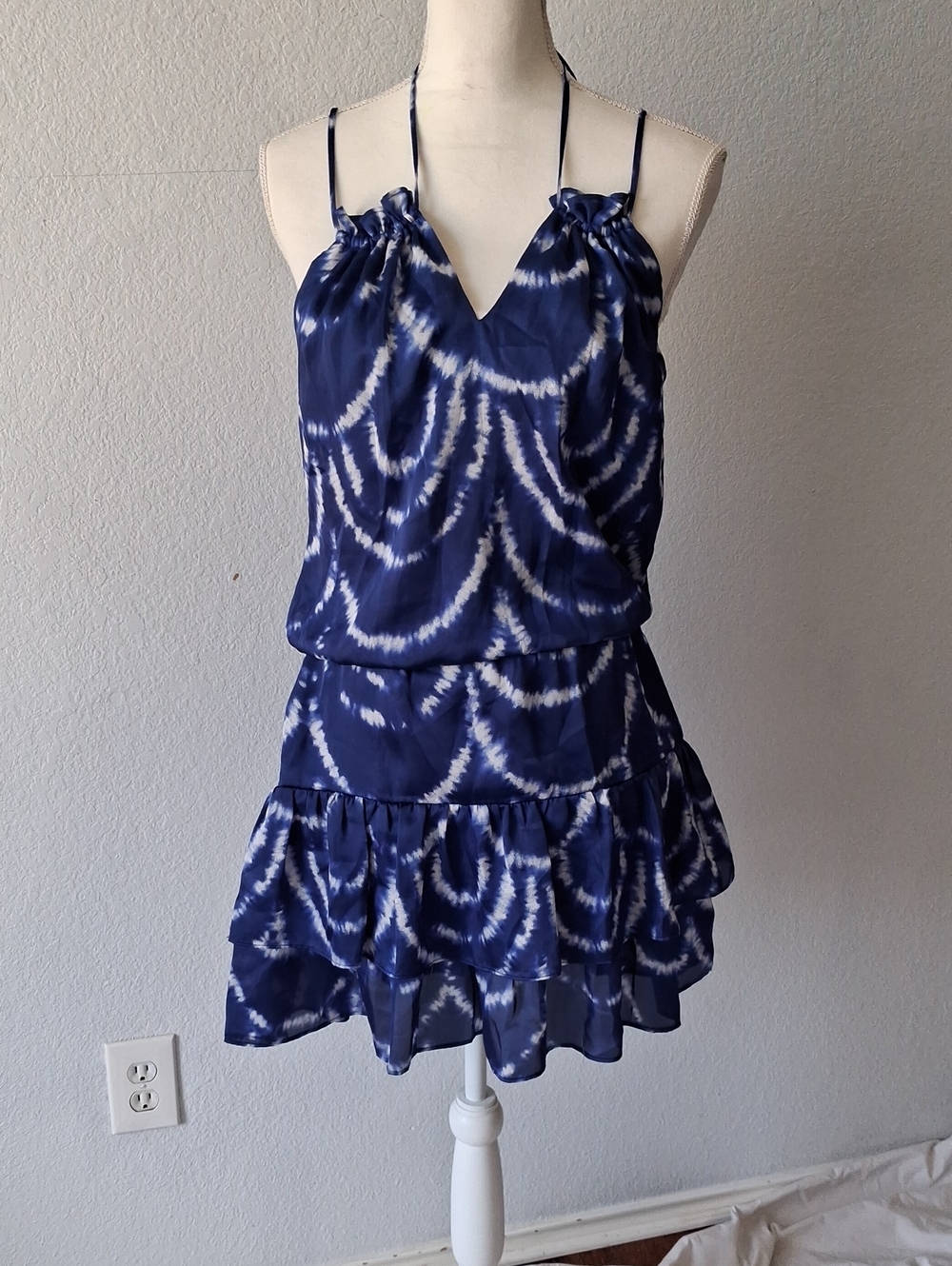 Bisou Bisou Navy and White Tie-Dye Ruffle Mini Dress